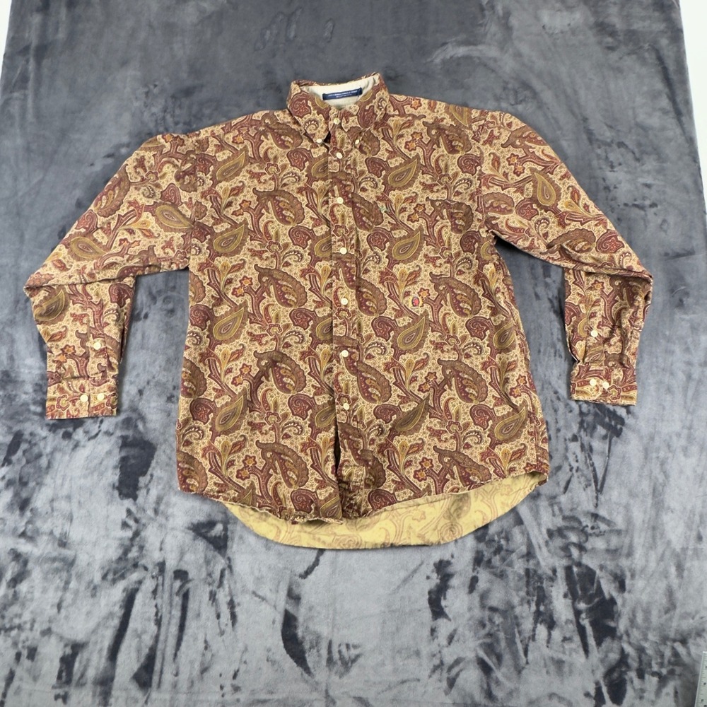 Tommy Hilfiger Button Down Shirt Mens Medium Brown Paisley Long Sleeve Cotton